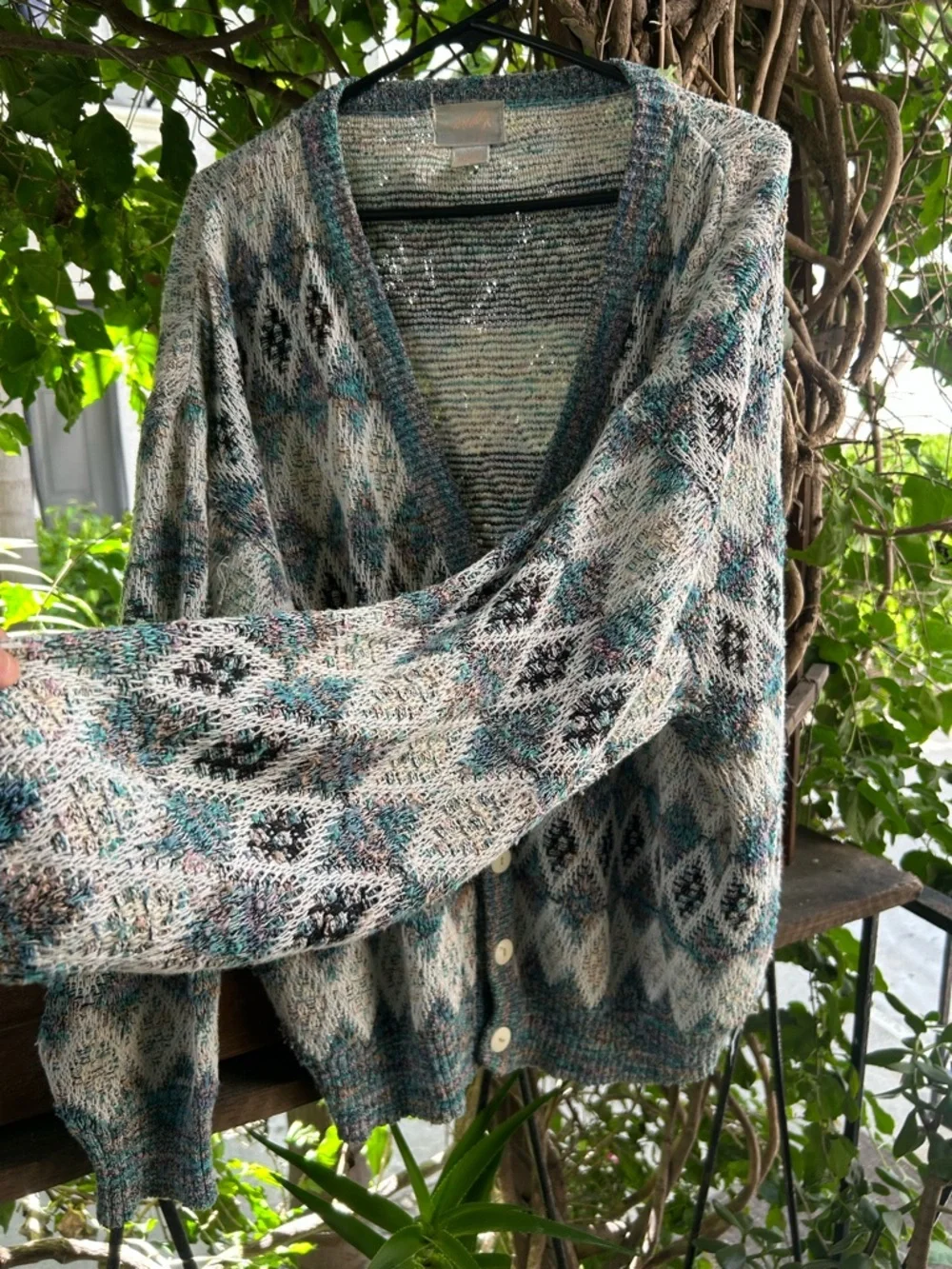 Cozy Diamond Pattern Button-Up Cardigan in Teal & Cream - Picture 3 of 4